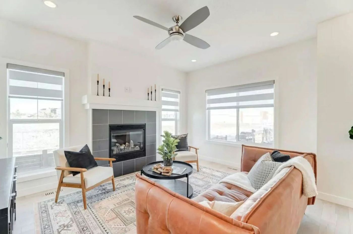 Bright living room with a fireplace